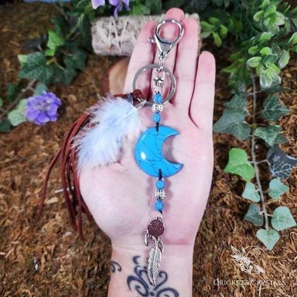 Handmade Turquoise Howlite Moon Keychain #10 - Picture 1 of 2